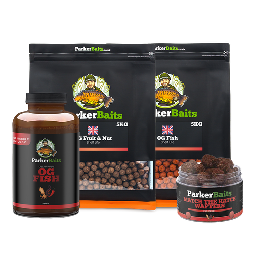 10kg Bundle Deal: ParkerBaits boilie bags with a liquid bottle and hook bait tubs