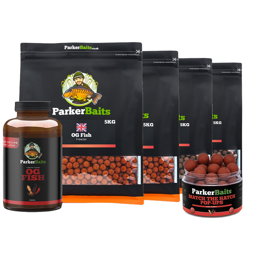 20kg Bundle Deal: ParkerBaits boilie bags with a liquid bottle and hook bait tubs