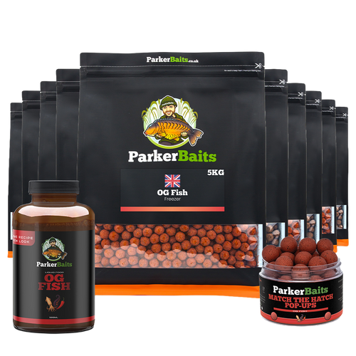 50kg Bundle Deal: stacked ParkerBaits boilie bags with a liquid bottle and hook bait tubs