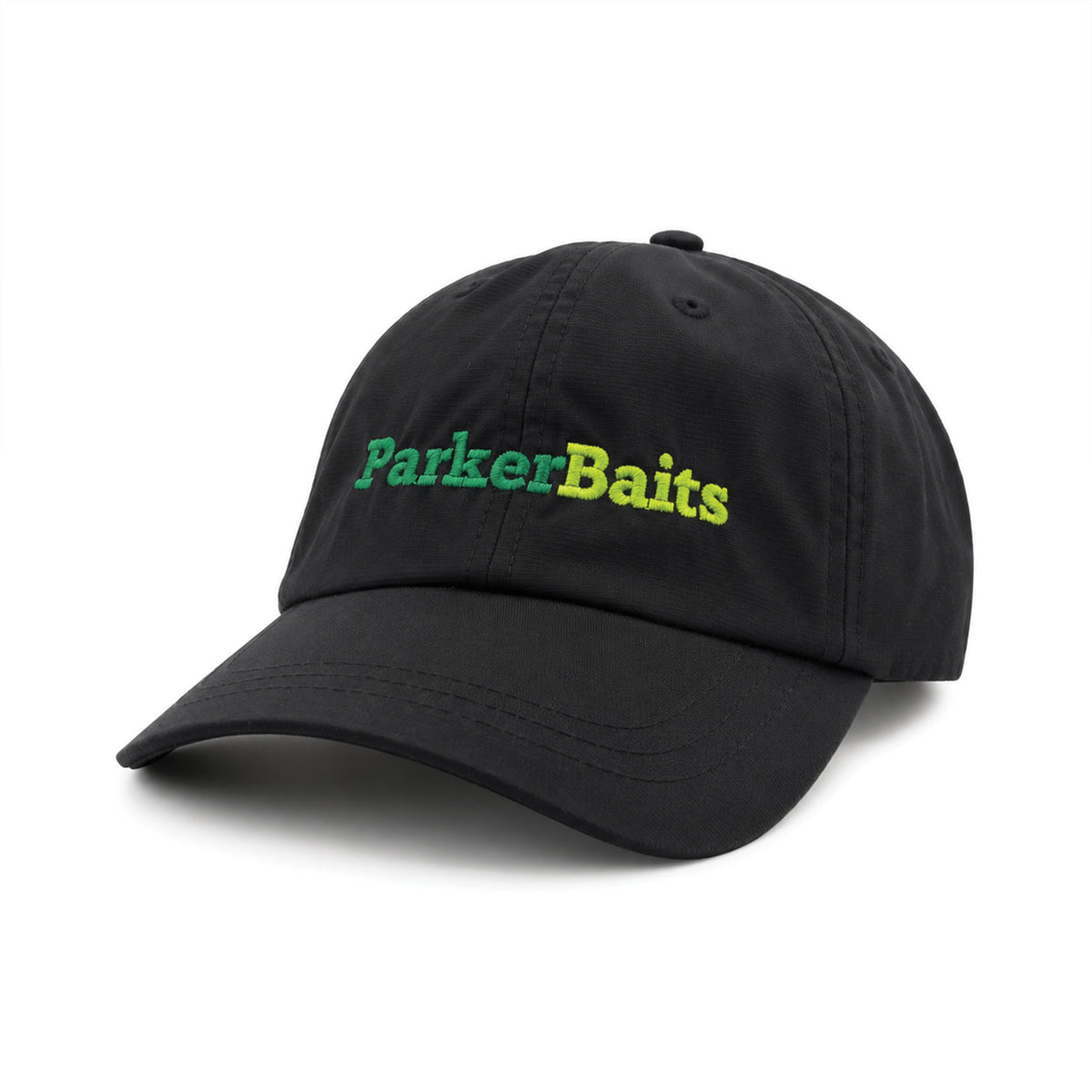 Black ParkerBaits cap with green embroidered logo